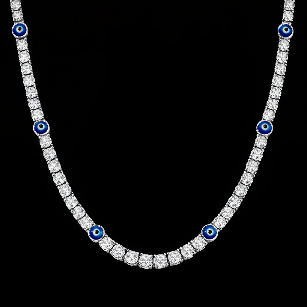 שרשרת טניס עם עין כחולה בציפוי זהב לבן