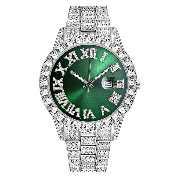 שעון לגבר | שעון יוקרתי מדגם רומא בצבע כסף עם לוח ירוק