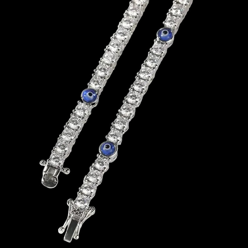 שרשרת טניס עם עין כחולה בציפוי זהב לבן