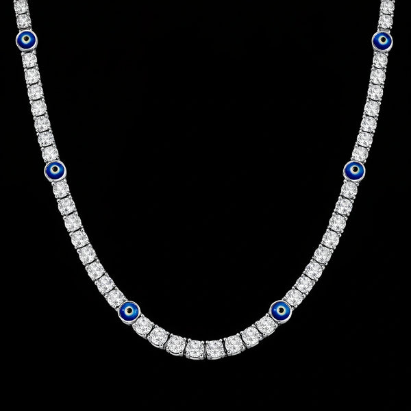 שרשרת טניס עם עין כחולה בציפוי זהב לבן